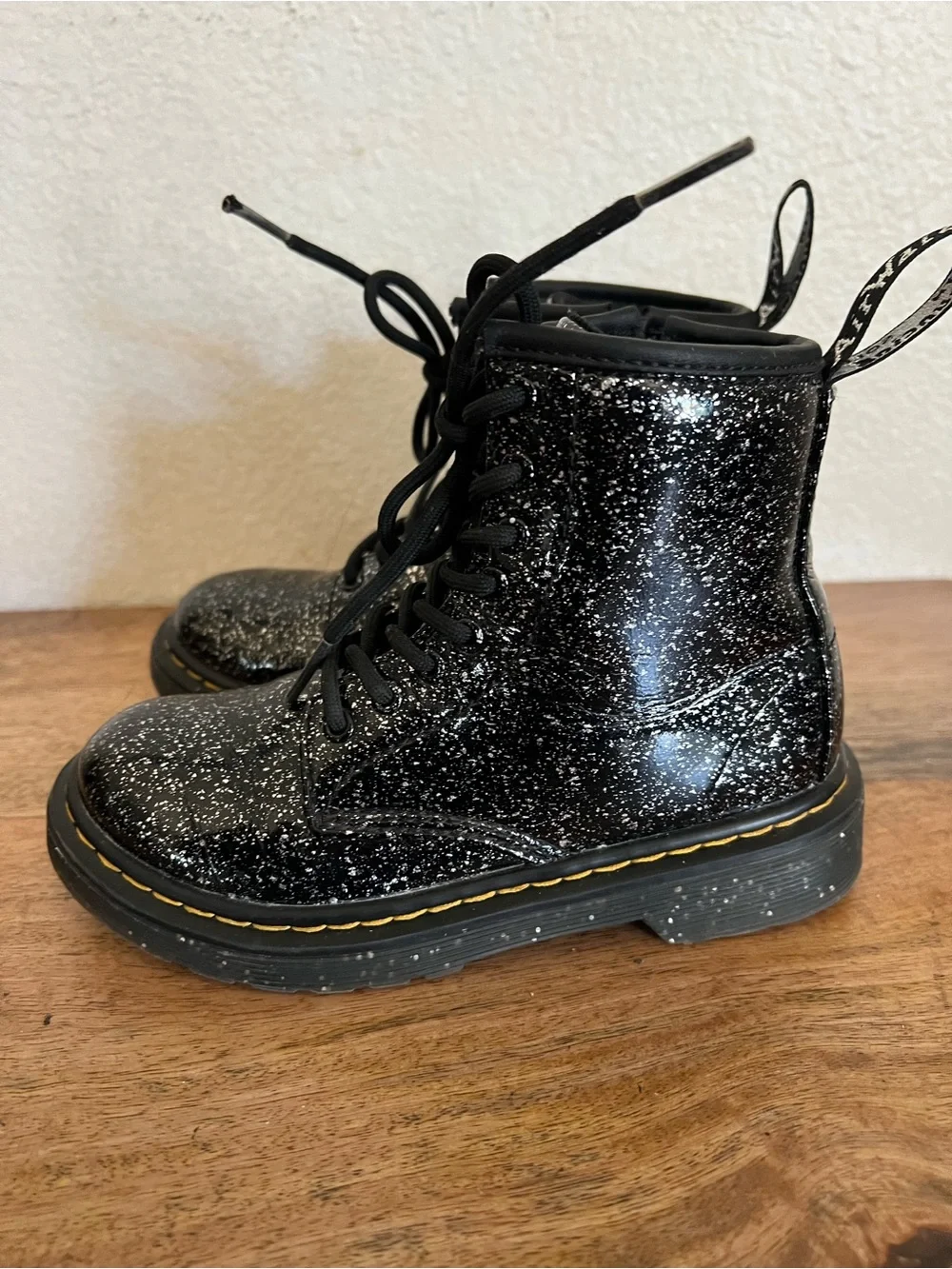 Dr. Martens Kid's Collection 1460 J Black Patent Leather Glitter Ankle Boots